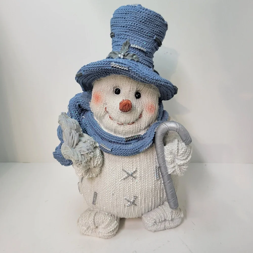 Blue Knitted Snowman Figurine‎ with Top Hat & Cane Winter Holiday Decor
